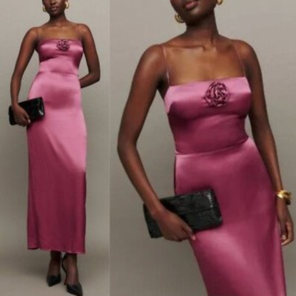 Reformation Frankie Silk Dress - Strawberry Wine Rosette - size 2